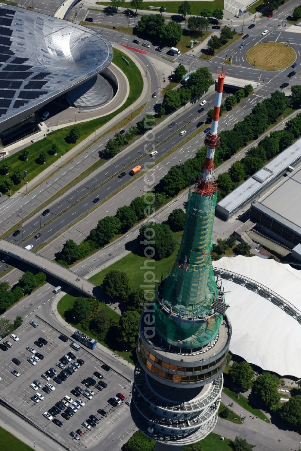 München from above - Television Tower Olympiaturm in Olympiapark on Spiridon-Louis-Ring in Munich in the state Bavaria, Germany