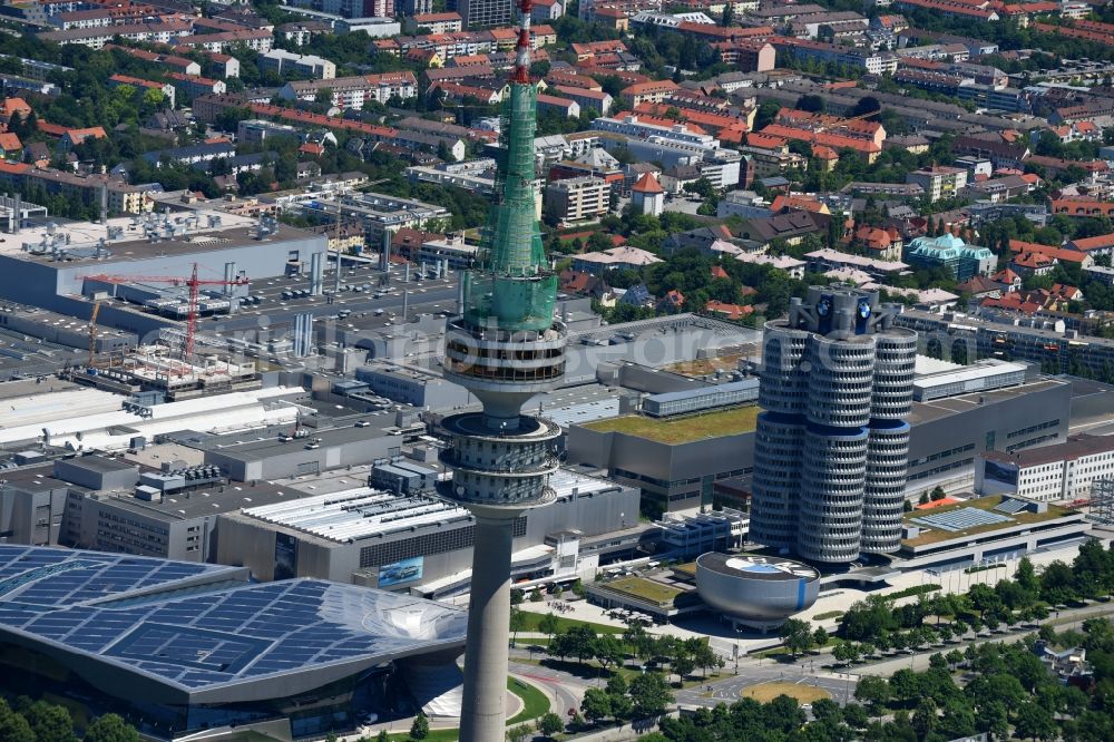 München from the bird's eye view: Television Tower Olympiaturm in Olympiapark on Spiridon-Louis-Ring in Munich in the state Bavaria, Germany