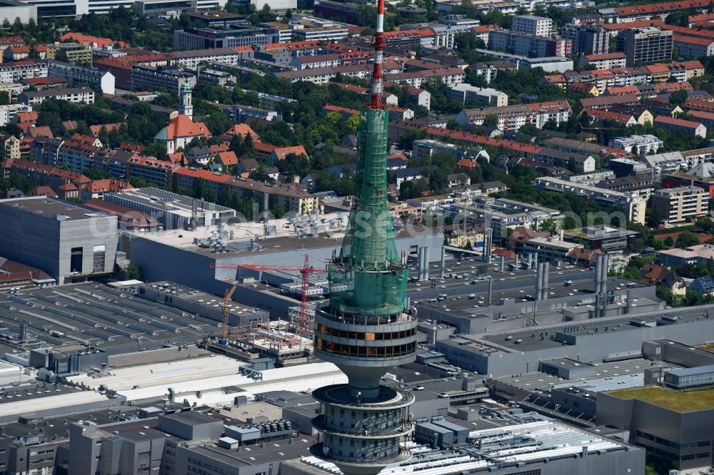 Aerial image München - Television Tower Olympiaturm in Olympiapark on Spiridon-Louis-Ring in Munich in the state Bavaria, Germany