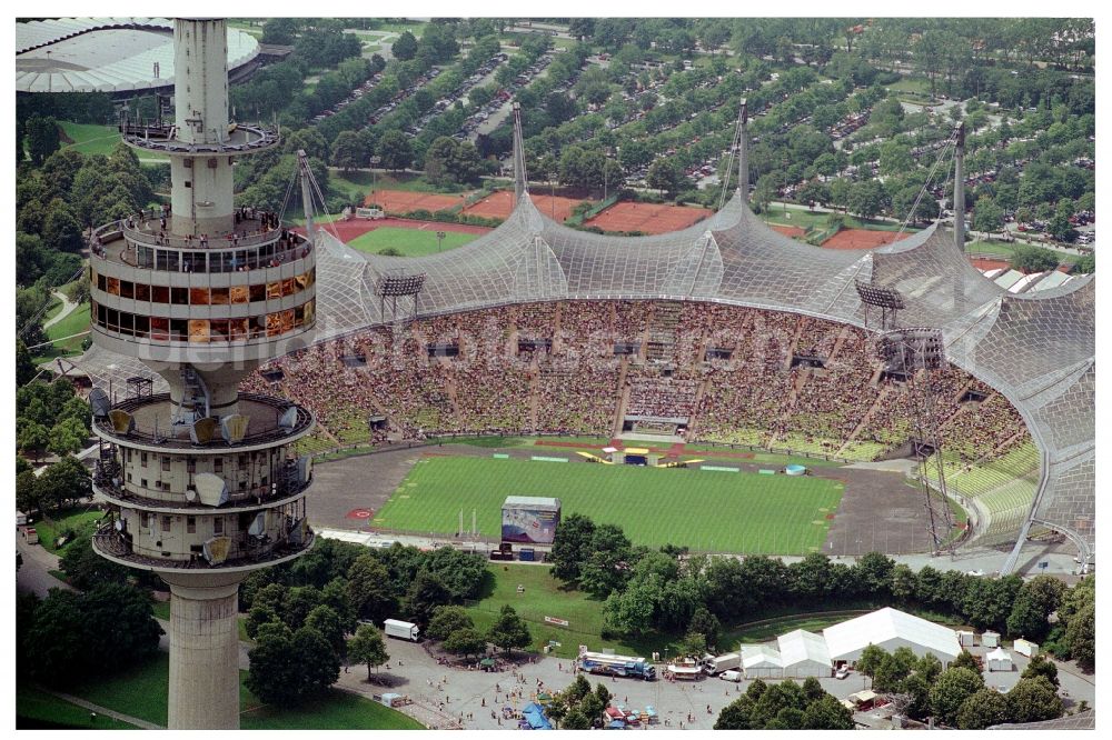 Aerial image München - Television Tower Olympiaturm in Olympiapark in Munich in the state Bavaria, Germany