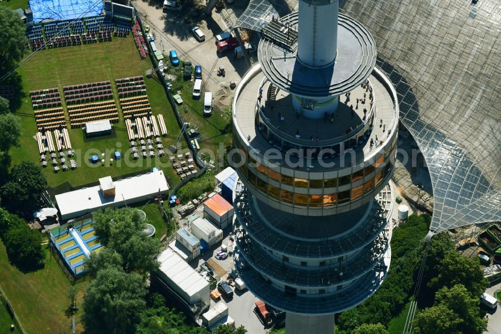 München from above - Television Tower Olympiaturm in Olympiapark on Spiridon-Louis-Ring in Munich in the state Bavaria, Germany