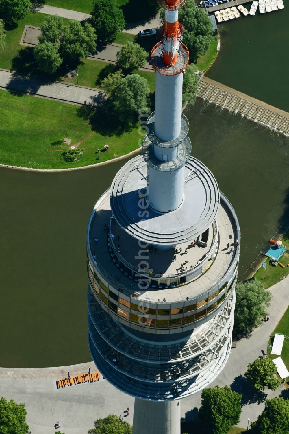 München from the bird's eye view: Television Tower Olympiaturm in Olympiapark on Spiridon-Louis-Ring in Munich in the state Bavaria, Germany