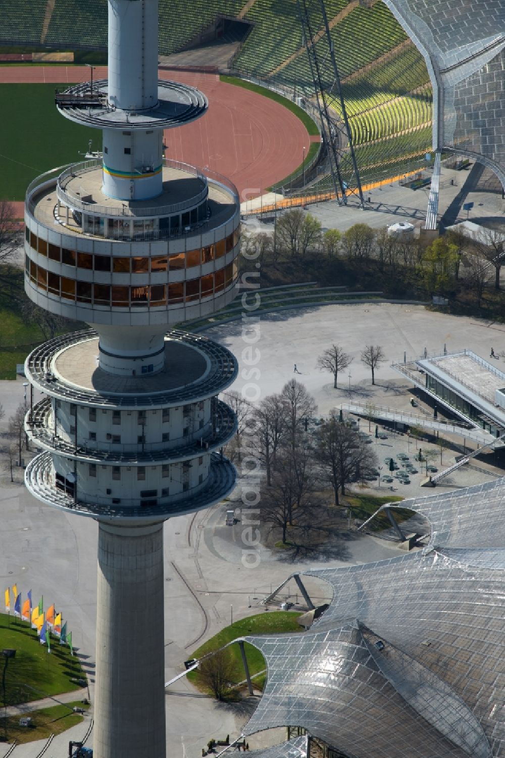 Aerial image München - Television Tower Olympiaturm in Olympiapark on Spiridon-Louis-Ring in Munich in the state Bavaria, Germany