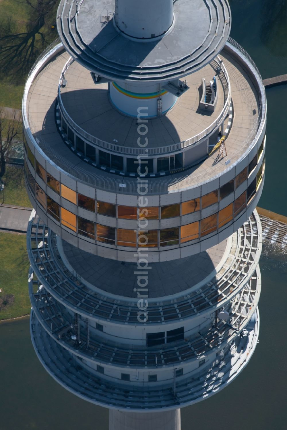 Aerial photograph München - Television Tower Olympiaturm in Olympiapark on Spiridon-Louis-Ring in Munich in the state Bavaria, Germany