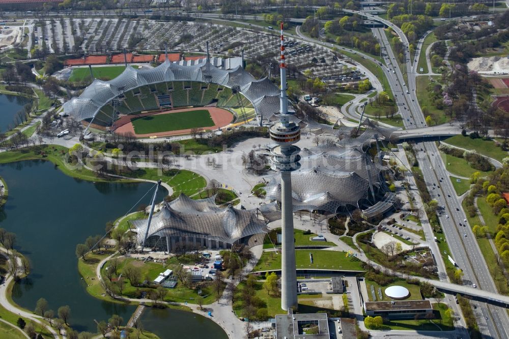 München from the bird's eye view: Television Tower Olympiaturm in Olympiapark on Spiridon-Louis-Ring in Munich in the state Bavaria, Germany