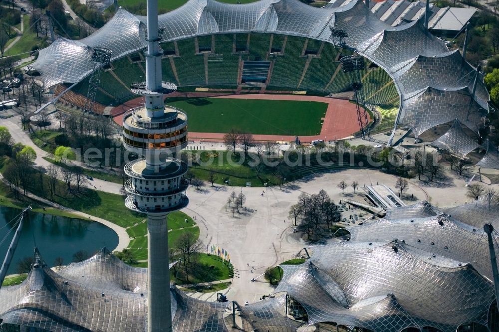 Aerial image München - Television Tower Olympiaturm in Olympiapark on Spiridon-Louis-Ring in Munich in the state Bavaria, Germany