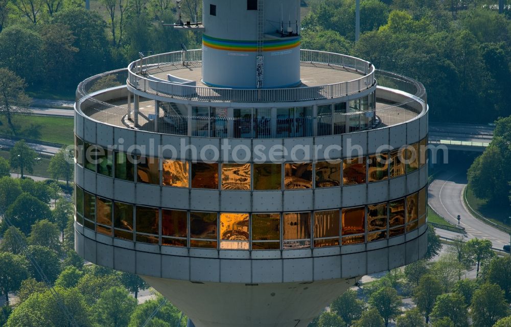 München from the bird's eye view: Television Tower Olympiaturm in Olympiapark on Spiridon-Louis-Ring in Munich in the state Bavaria, Germany