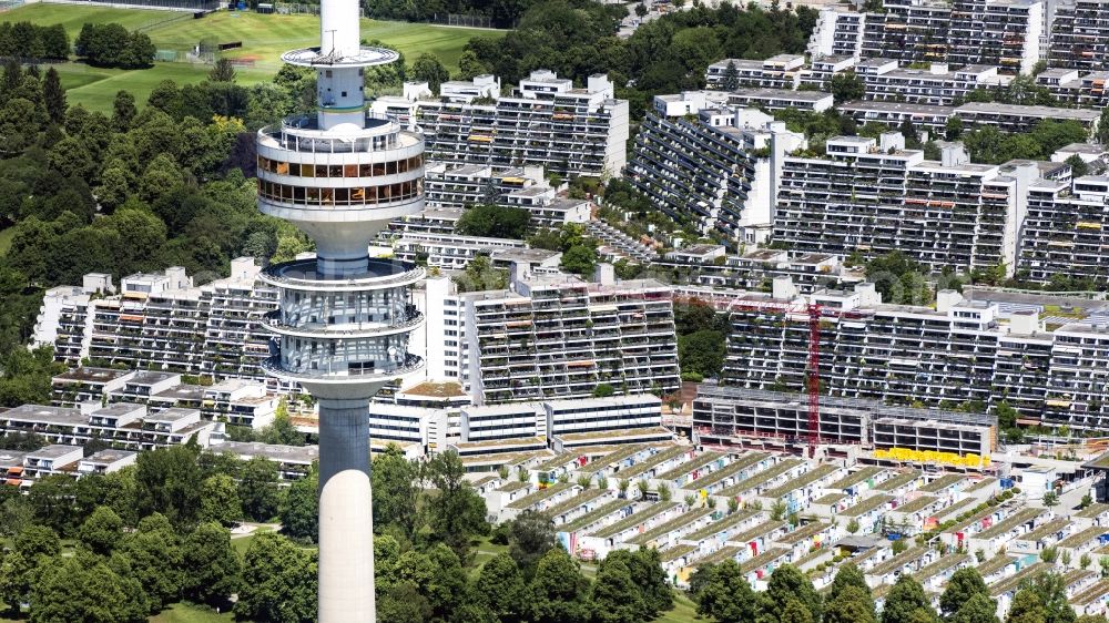 München from the bird's eye view: Television Tower Olympiaturm in Olympiapark on Spiridon-Louis-Ring in Munich in the state Bavaria, Germany