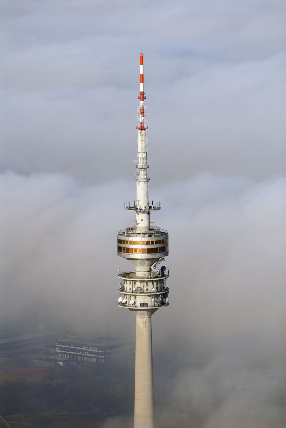 Aerial photograph München - Television Tower Olympiaturm in Olympiapark on Spiridon-Louis-Ring in Munich in the state Bavaria, Germany