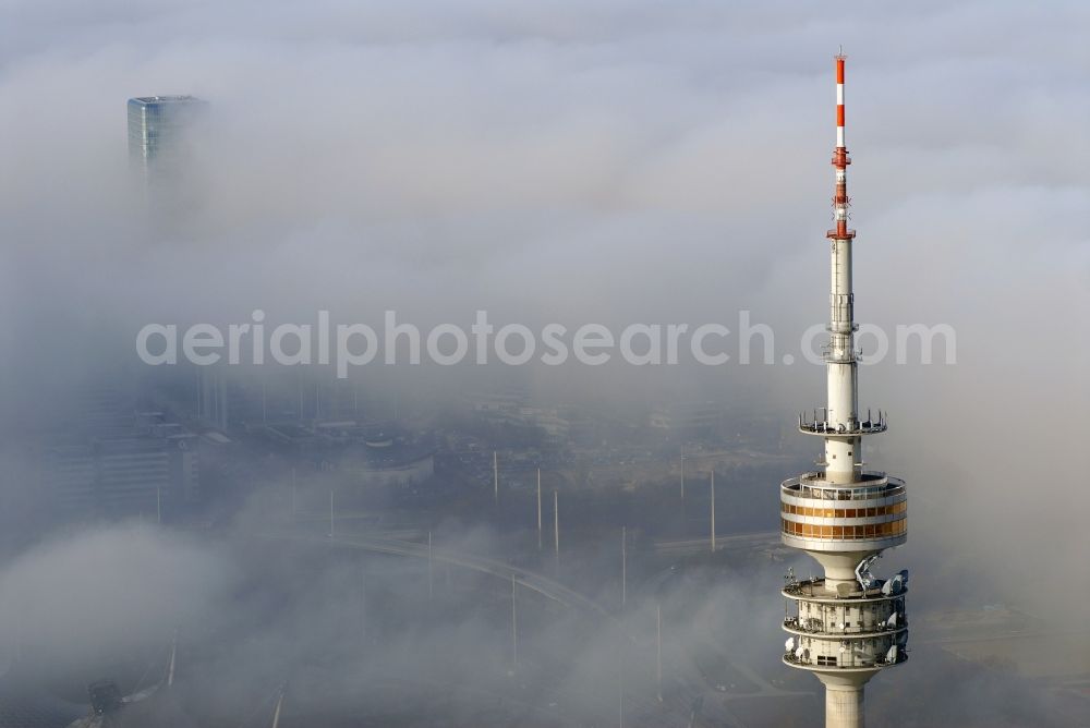 München from the bird's eye view: Television Tower Olympiaturm in Olympiapark on Spiridon-Louis-Ring in Munich in the state Bavaria, Germany