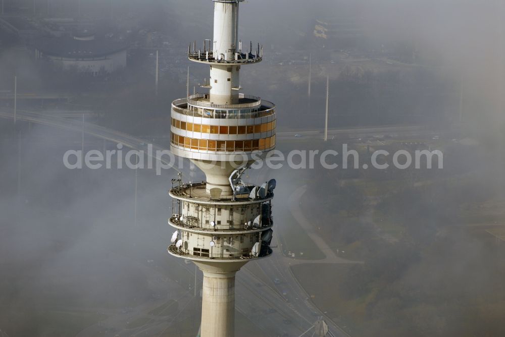 Aerial photograph München - Television Tower Olympiaturm in Olympiapark on Spiridon-Louis-Ring in Munich in the state Bavaria, Germany