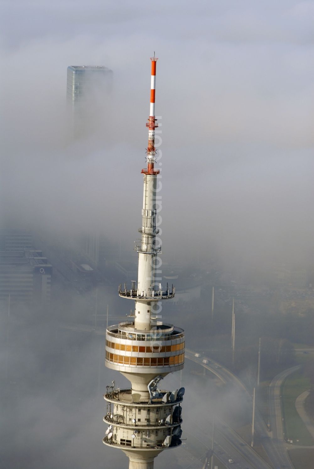 München from above - Television Tower Olympiaturm in Olympiapark on Spiridon-Louis-Ring in Munich in the state Bavaria, Germany