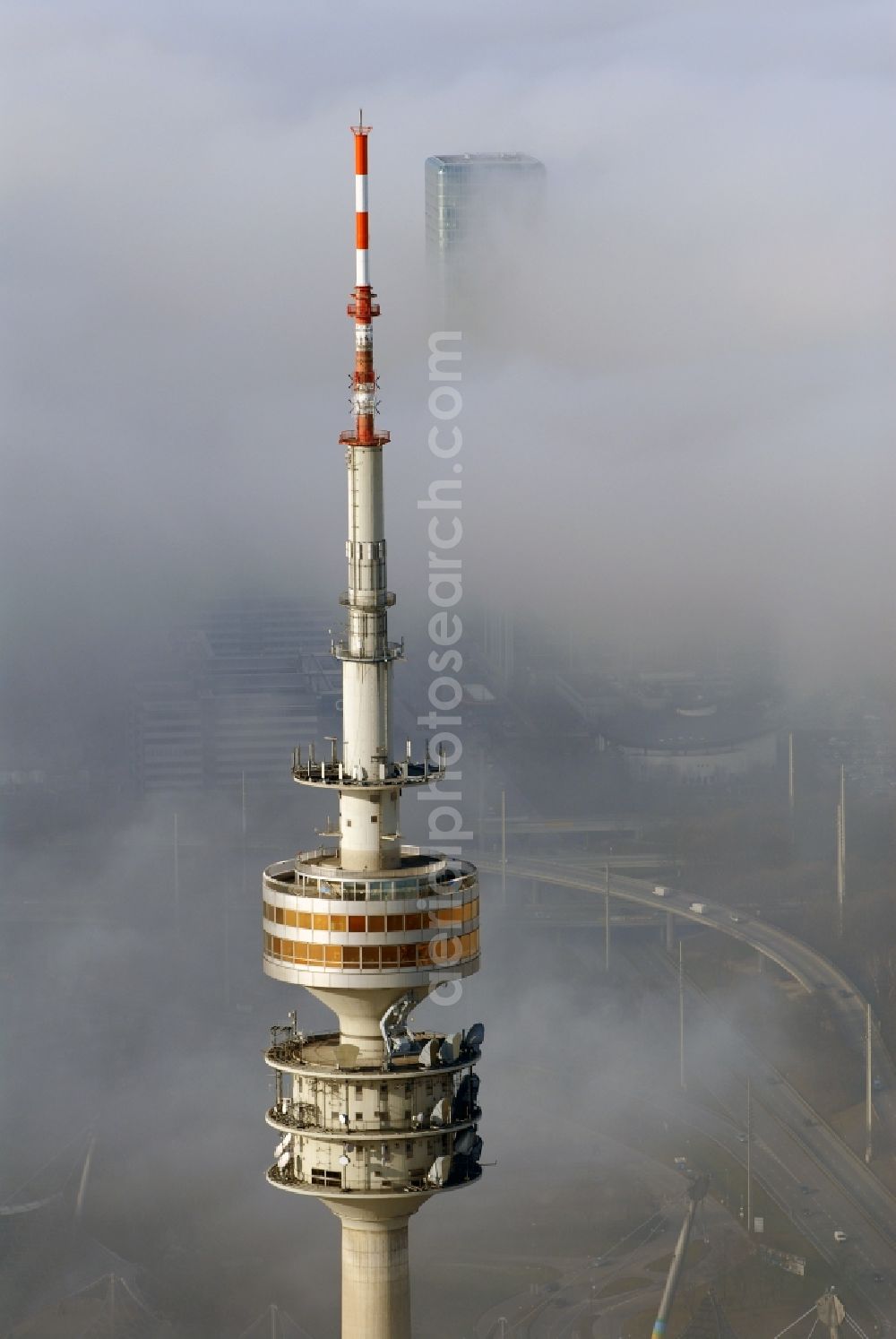 Aerial image München - Television Tower Olympiaturm in Olympiapark on Spiridon-Louis-Ring in Munich in the state Bavaria, Germany