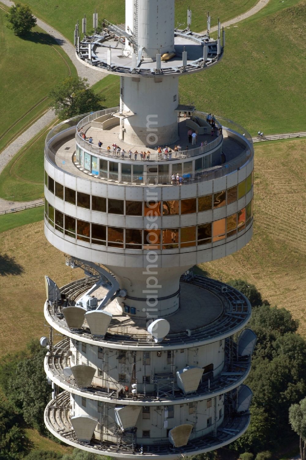 München from above - Television Tower Olympiaturm in Olympiapark on Spiridon-Louis-Ring in Munich in the state Bavaria, Germany