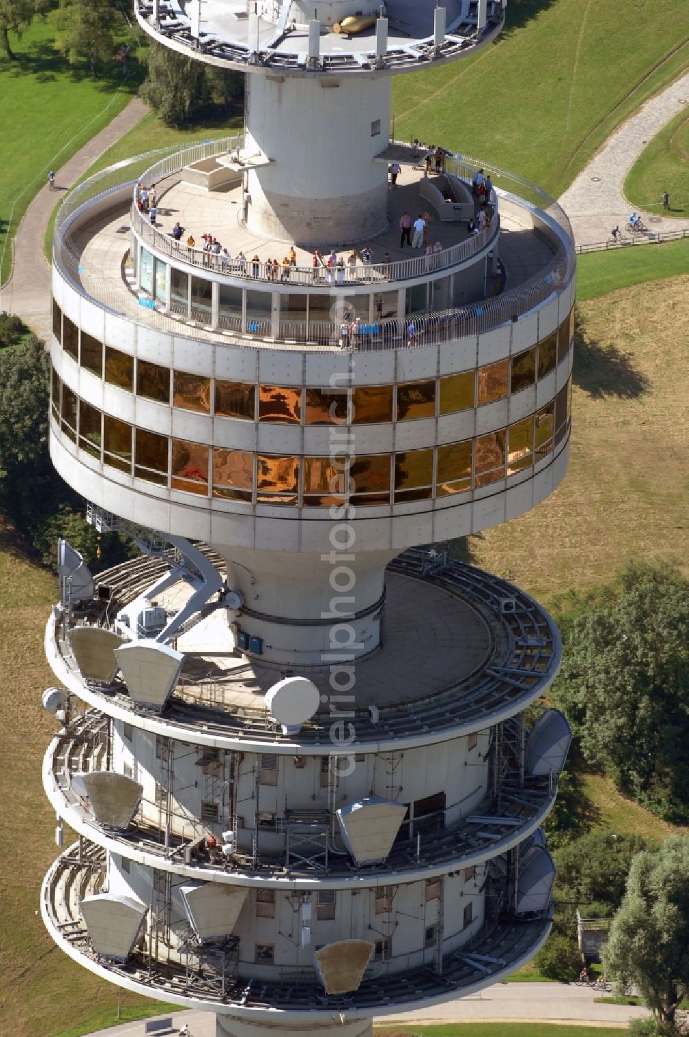 München from the bird's eye view: Television Tower Olympiaturm in Olympiapark on Spiridon-Louis-Ring in Munich in the state Bavaria, Germany