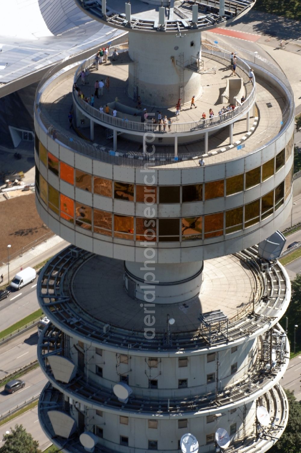 München from above - Television Tower Olympiaturm in Olympiapark on Spiridon-Louis-Ring in Munich in the state Bavaria, Germany