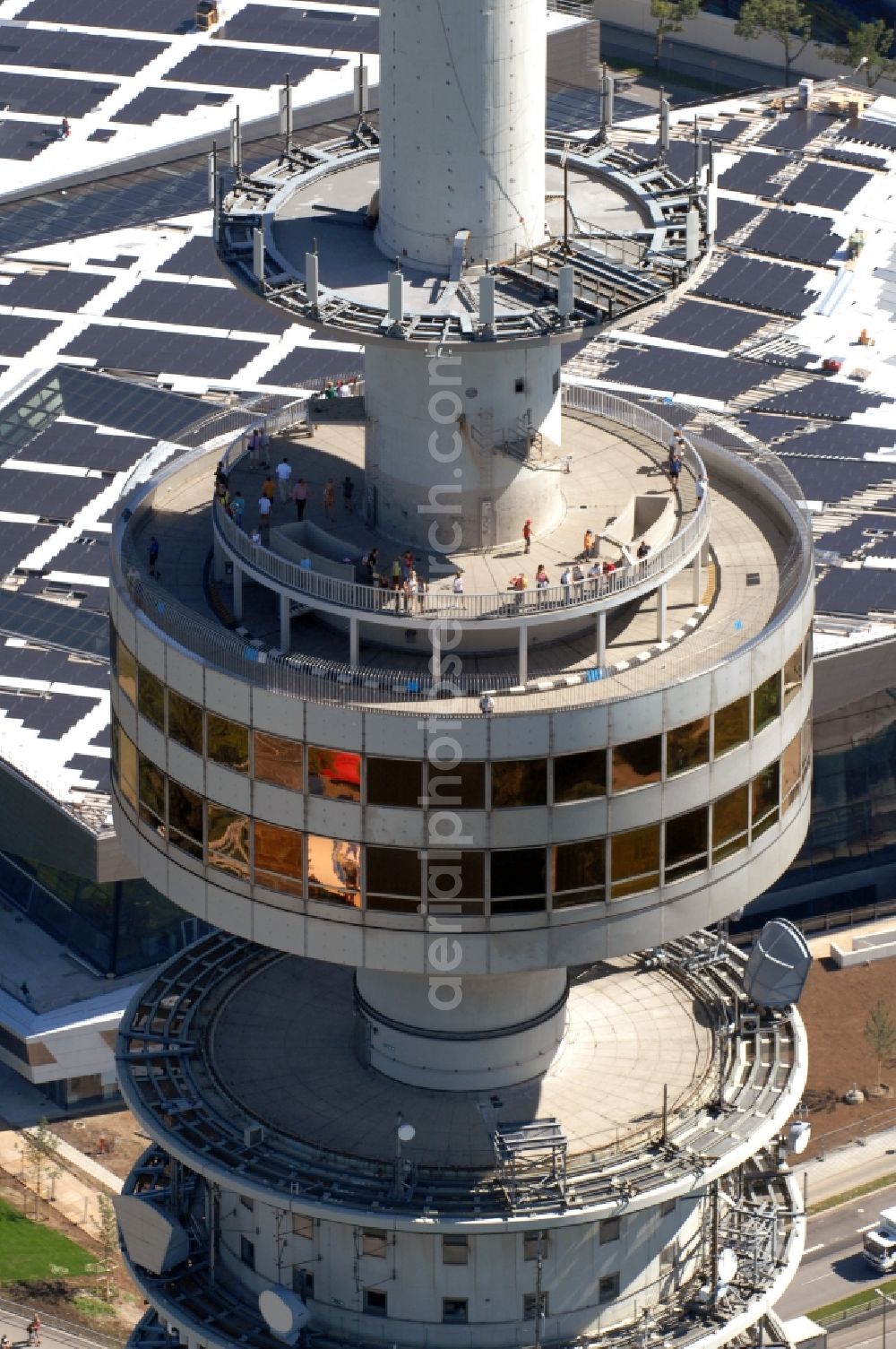 München from the bird's eye view: Television Tower Olympiaturm in Olympiapark on Spiridon-Louis-Ring in Munich in the state Bavaria, Germany