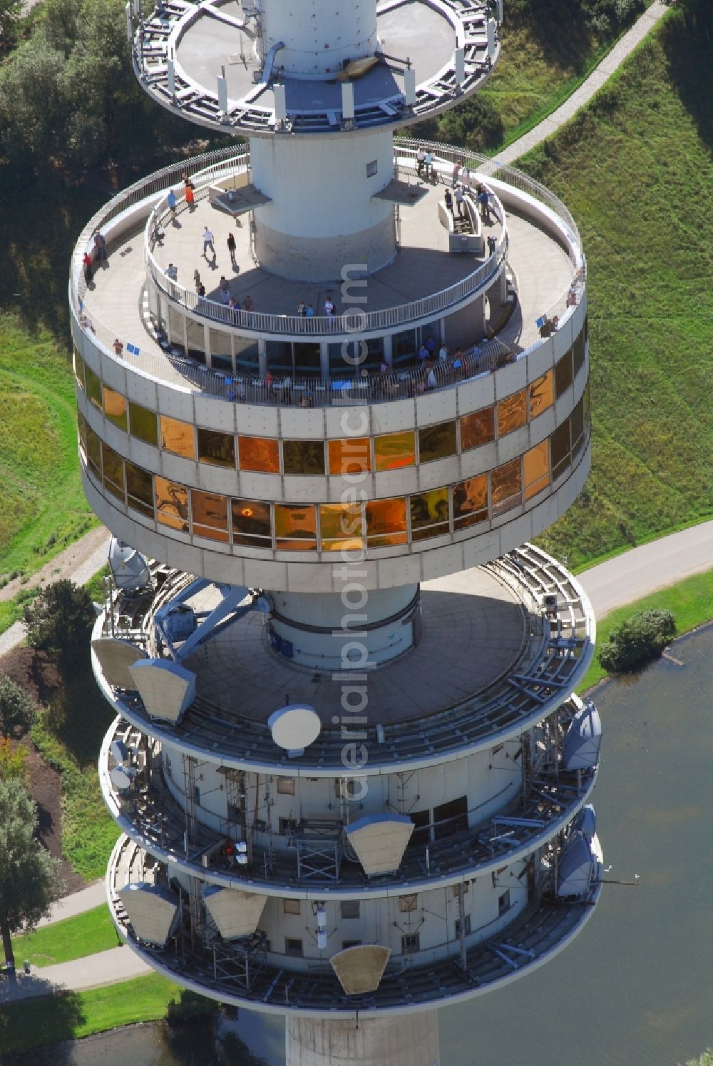 Aerial photograph München - Television Tower Olympiaturm in Olympiapark on Spiridon-Louis-Ring in Munich in the state Bavaria, Germany