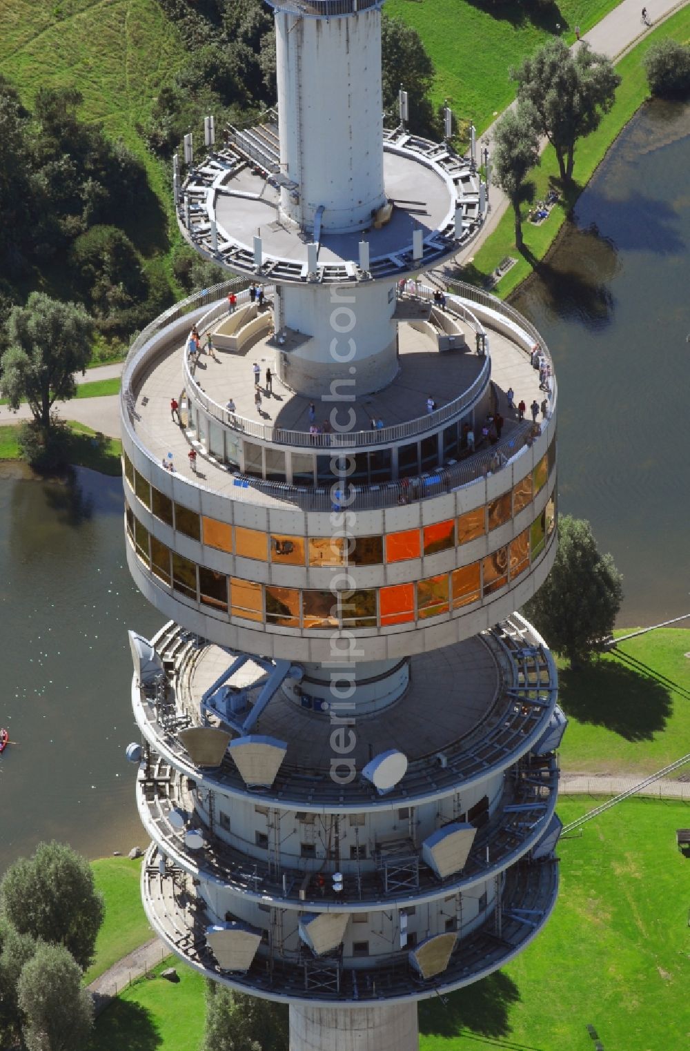 München from above - Television Tower Olympiaturm in Olympiapark on Spiridon-Louis-Ring in Munich in the state Bavaria, Germany