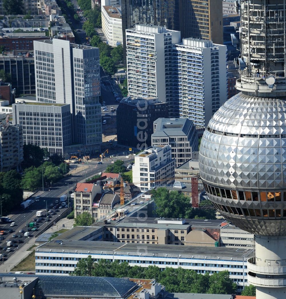 Berlin from above - Television Tower Berliner Fernsehturm on Panoramastrasse in the district Mitte in Berlin, Germany