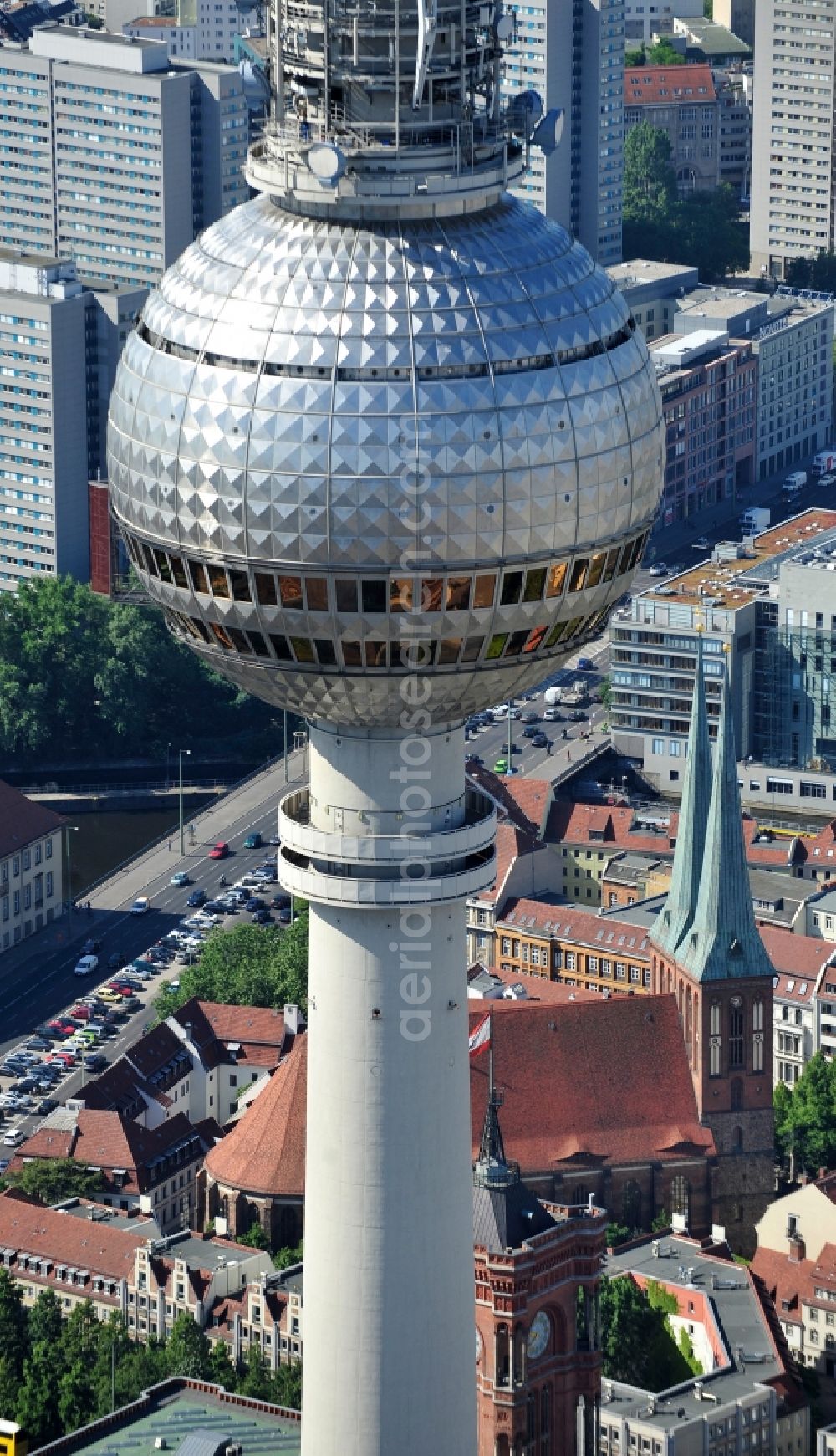 Aerial image Berlin - Television Tower Berliner Fernsehturm on Panoramastrasse in the district Mitte in Berlin, Germany