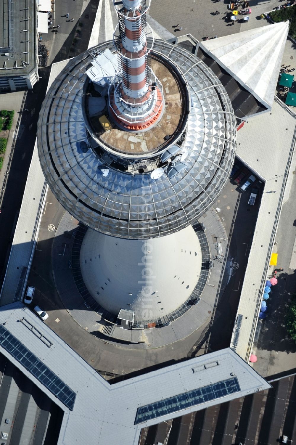 Berlin from above - Television Tower Berliner Fernsehturm on Panoramastrasse in the district Mitte in Berlin, Germany