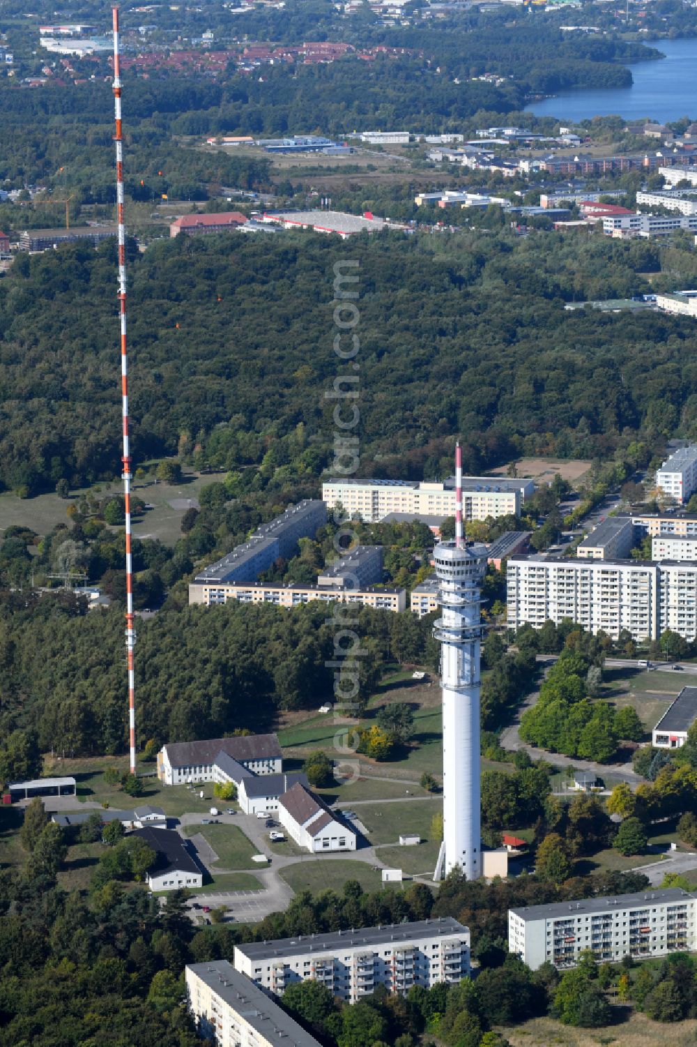 Aerial image Schwerin - Television Tower Schwerin in the district Dresch in Schwerin in the state Mecklenburg - Western Pomerania, Germany