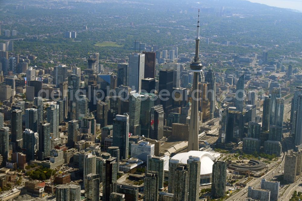 Toronto from the bird's eye view: Television Tower CN Tower on Front St W in the district Old Toronto in Toronto in Ontario, Canada