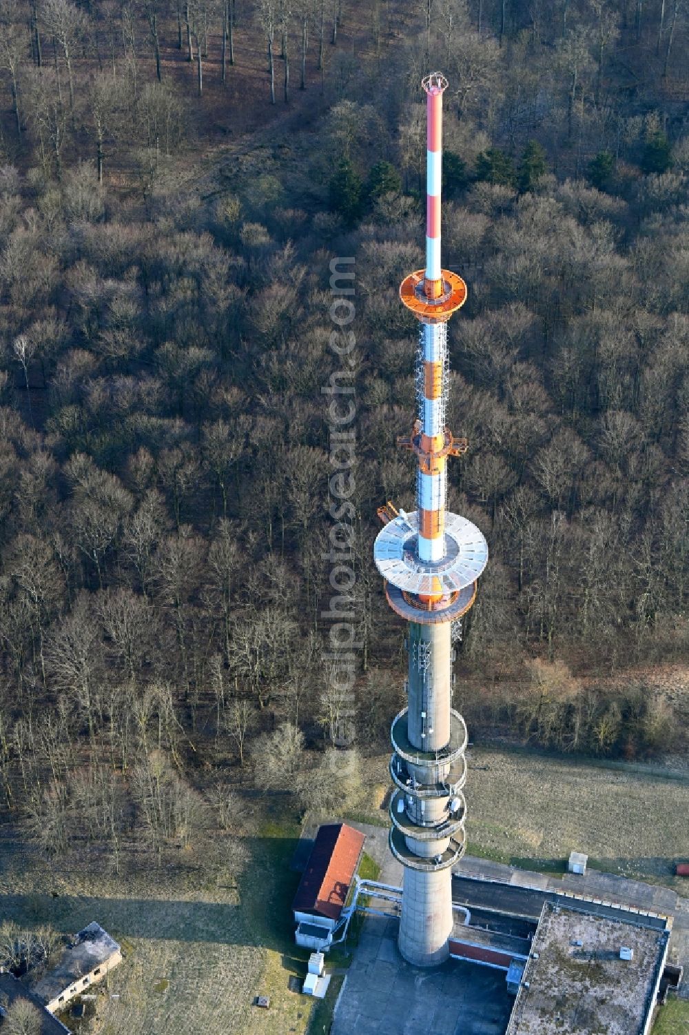 Aerial image Woldegk - Steel mast funkturm and transmission system as basic network transmitter Helpterberg in Woldegk in the state Mecklenburg - Western Pomerania, Germany