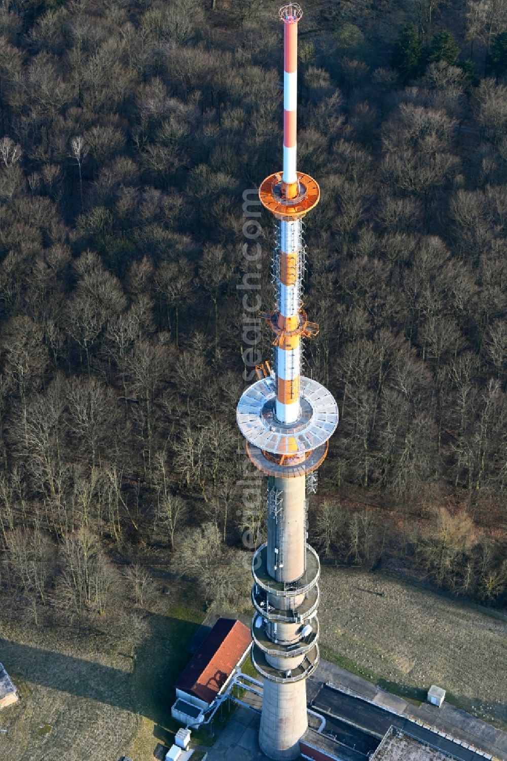 Woldegk from above - Steel mast funkturm and transmission system as basic network transmitter Helpterberg in Woldegk in the state Mecklenburg - Western Pomerania, Germany