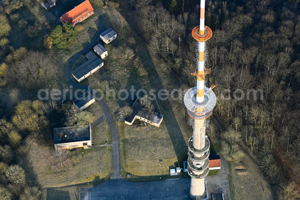 Aerial image Woldegk - Steel mast funkturm and transmission system as basic network transmitter Helpterberg in Woldegk in the state Mecklenburg - Western Pomerania, Germany