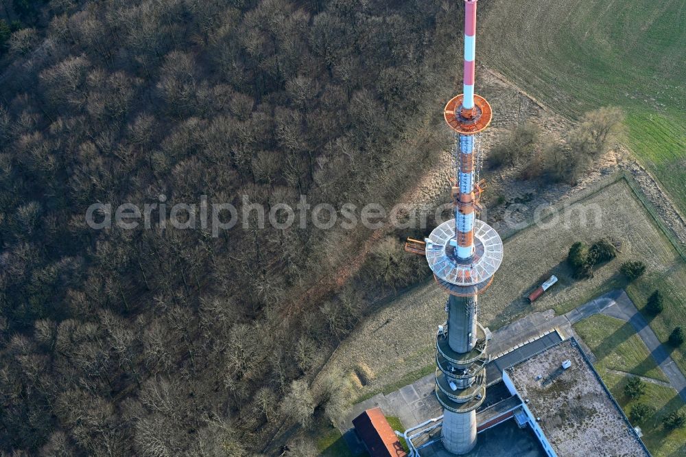 Woldegk from above - Steel mast funkturm and transmission system as basic network transmitter Helpterberg in Woldegk in the state Mecklenburg - Western Pomerania, Germany