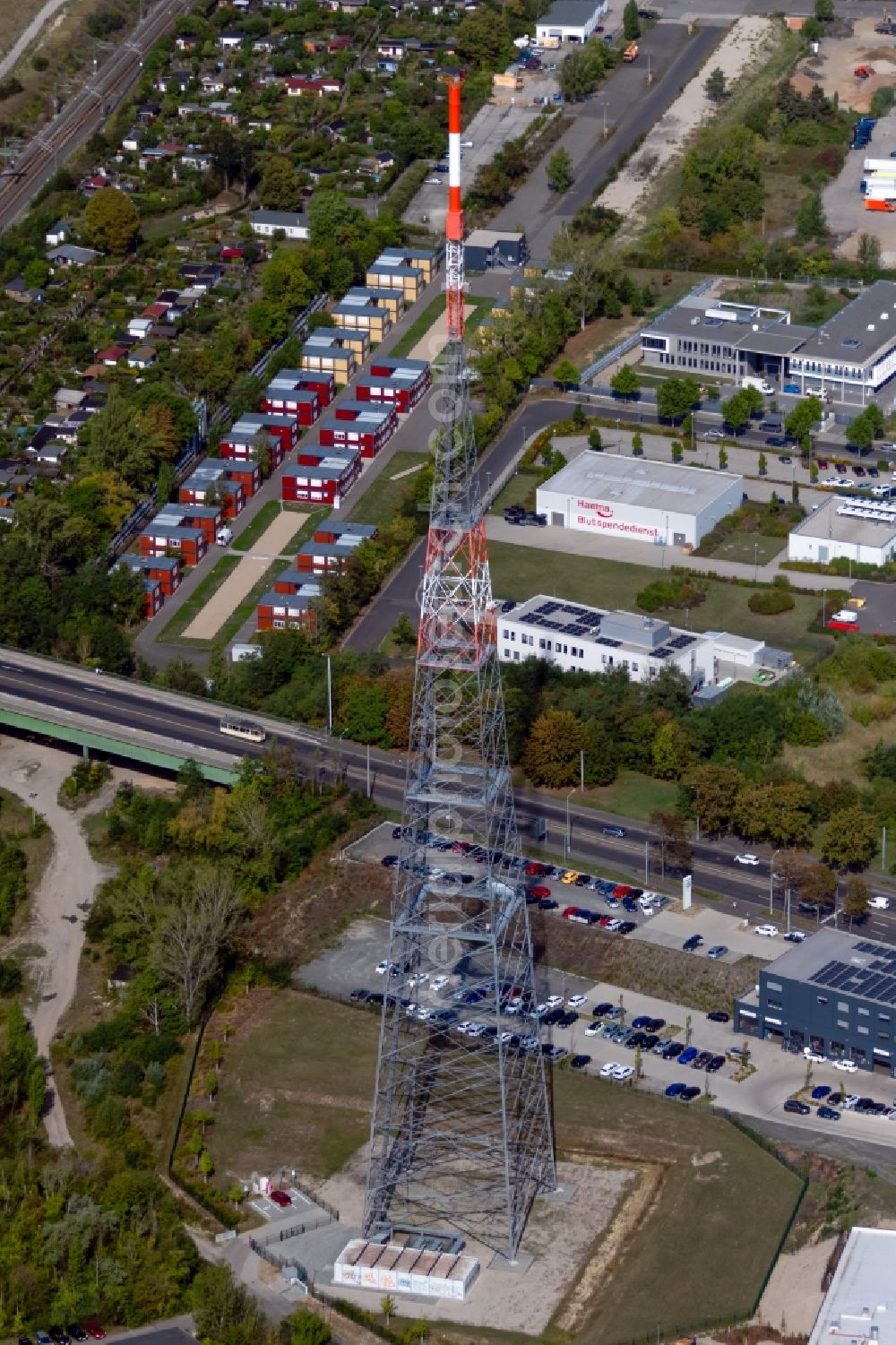 Aerial photograph Leipzig - Steel mast funkturm and transmission system as basic network transmitter in Leipzig in the state Saxony, Germany