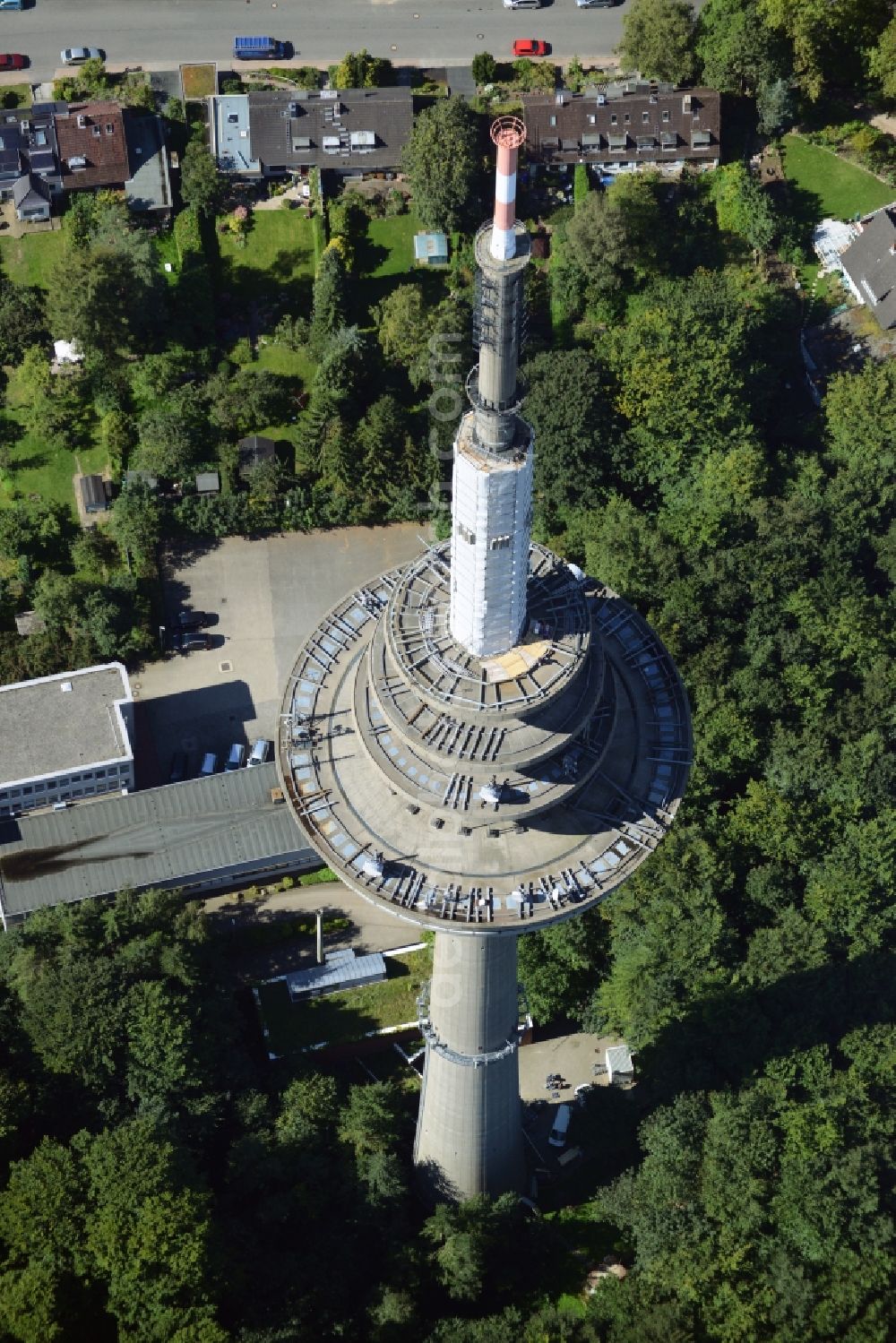 Kiel from above - Radio tower in Vieburger woods in Kiel in Schleswig-Holstein. Currently, renovation work will take place through the Werner Diener GmbH & Co. Industrieanstrich KG