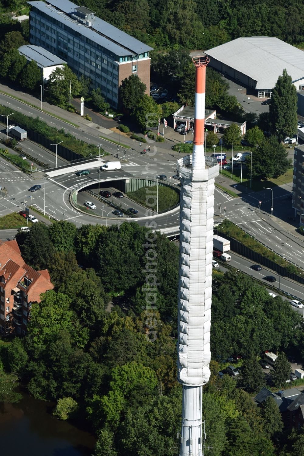 Kiel from above - Radio tower in Vieburger woods in Kiel in Schleswig-Holstein. Currently, renovation work will take place through the Werner Diener GmbH & Co. Industrieanstrich KG