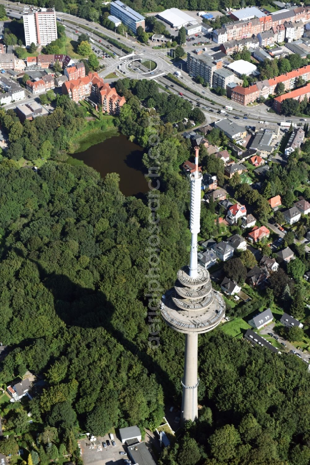 Kiel from above - Radio tower in Vieburger woods in Kiel in Schleswig-Holstein. Currently, renovation work will take place through the Werner Diener GmbH & Co. Industrieanstrich KG