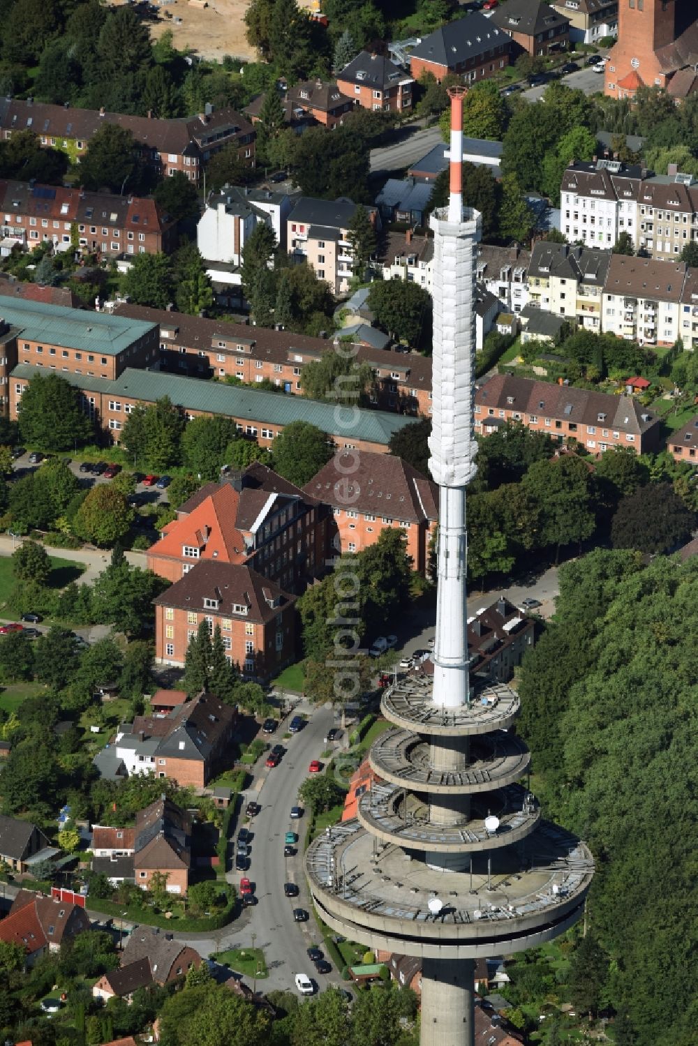 Kiel from above - Radio tower in Vieburger woods in Kiel in Schleswig-Holstein. Currently, renovation work will take place through the Werner Diener GmbH & Co. Industrieanstrich KG