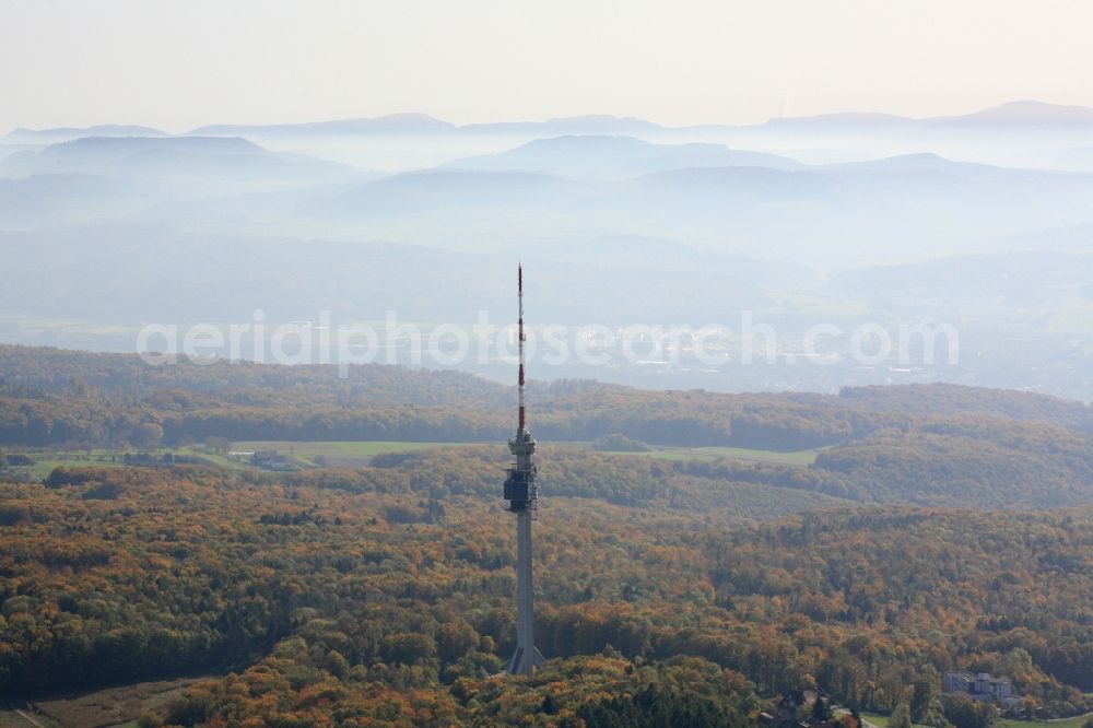 Bettingen from above - View over the Tower of St. Chrischona in Bettingen in Switzerland over the landscape and mountains of the Swiss Jura. The tower is also utilized as a telecommunications tower and a water tower