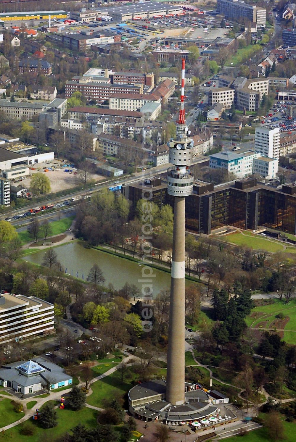 Dortmund from the bird's eye view: The TV tower in Westphalia Park / Florianturm Dortmund in the state North Rhine-Westphalia