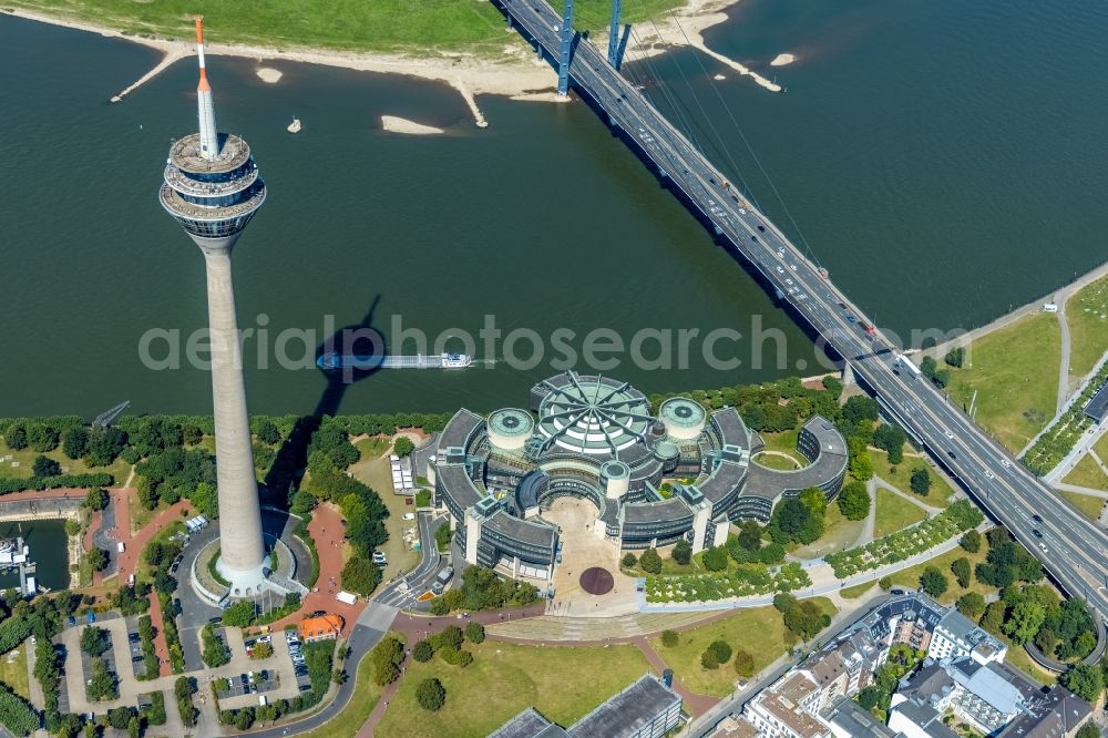 Düsseldorf from above - Top of the Television Tower Rheinturm with the city center in the background in Duesseldorf in the state North Rhine-Westphalia