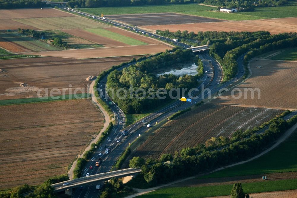 Maudach from the bird's eye view: Routing and traffic lanes during the exit federal highway B9 in Maudach in the state Rhineland-Palatinate