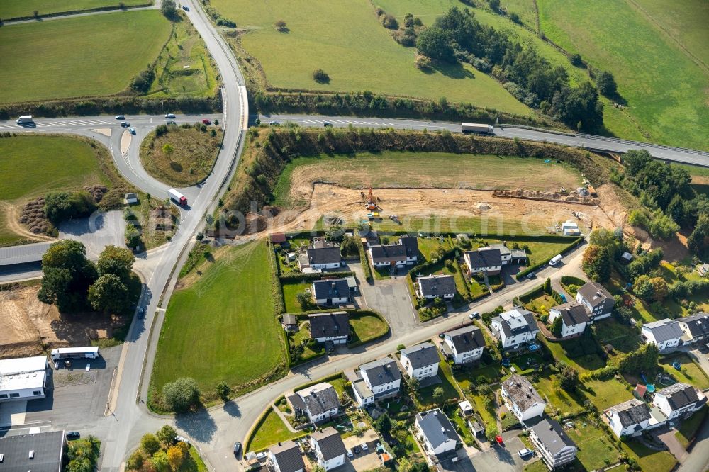 Olsberg from above - Routing and traffic lanes during the exit federal highway B480 in Olsberg in the state North Rhine-Westphalia, Germany