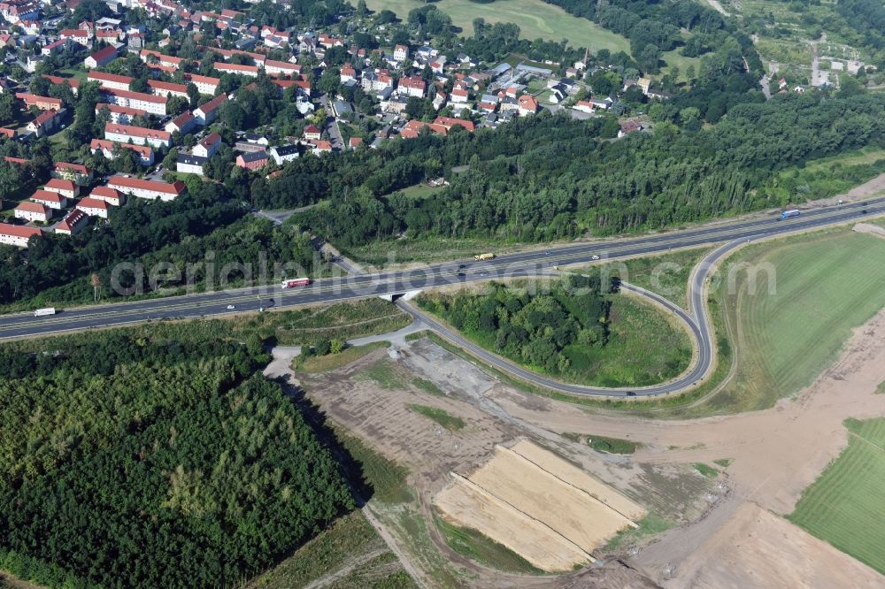 Rötha from above - Routing and traffic lanes during the exit federal highway B95 in Roetha in the state Saxony