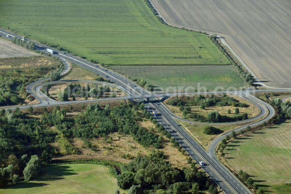 Wolmirstedt from above - Routing and traffic lanes during the exit federal highway B189 in Wolmirstedt in the state Saxony-Anhalt