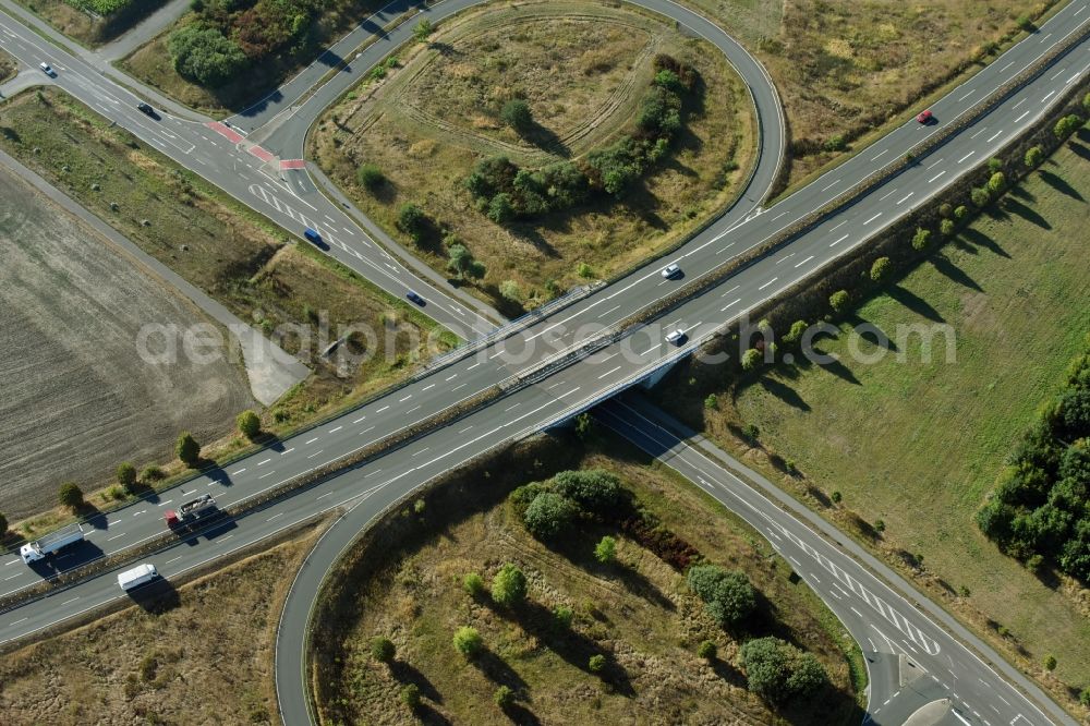 Wolmirstedt from the bird's eye view: Routing and traffic lanes during the exit federal highway B189 in Wolmirstedt in the state Saxony-Anhalt