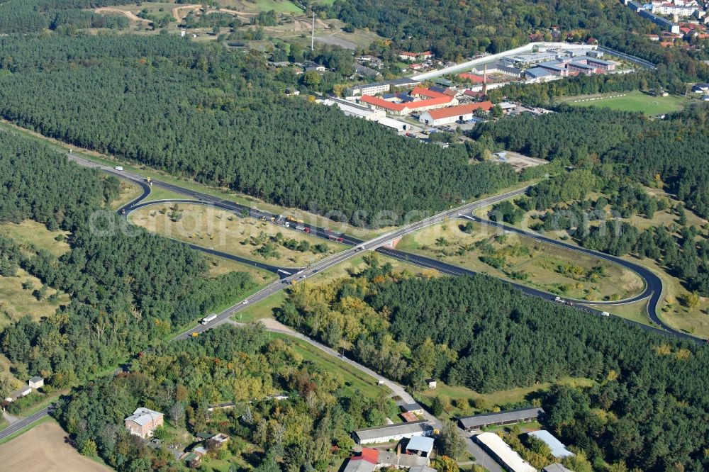 Aerial image Wriezen - Routing and traffic lanes during the exit federal highway B167 to the L33 in Wriezen in the state Brandenburg, Germany