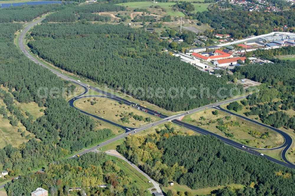 Wriezen from above - Routing and traffic lanes during the exit federal highway B167 to the L33 in Wriezen in the state Brandenburg, Germany