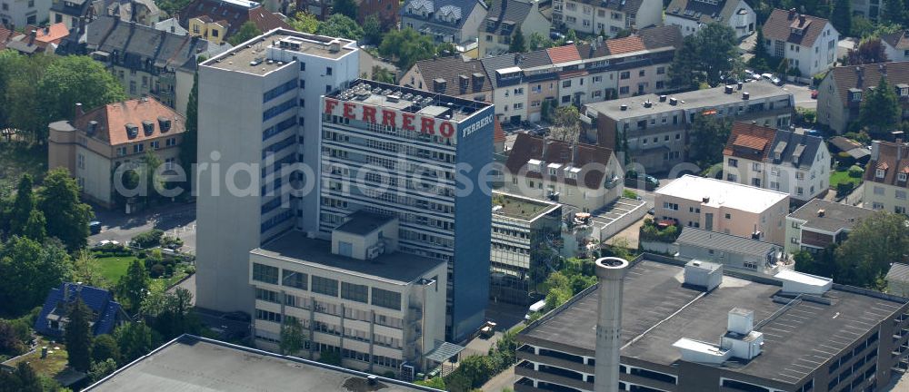 Aerial image Frankfurt am Main - Blick auf das FERRERO - Werksgelände und die Deutschland- Zentrale der am Hainer Weg 120 in 60599 Frankfurt - Sachsenhausen. View of the FERRERO - plant site and the headquarters of Germany on the Hainer Weg 120 in 60599 Frankfurt .