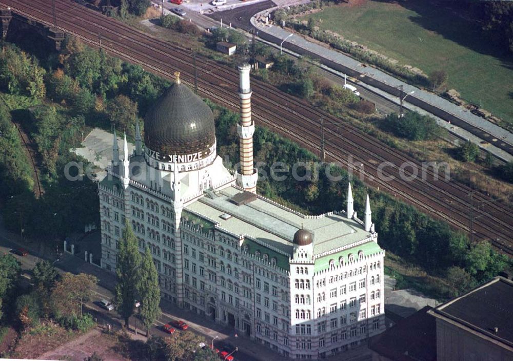 Aerial image Dresden - Fertig restaurierte Moschee Yenidze in Dresden-Neustadt