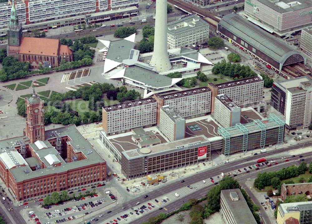 Berlin from above - Fertig umgebaute Rathauspassagen der WBM am Roten Rathaus unmittelbar am Berliner Fernsehturm in Berlin-Mitte.